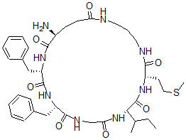 CAS 登录号:102334-63-4, (2S,5S,11S,14S,24S)-24-氨基-11-丁烷-2-基-14-(2-甲硫基乙基)-2,5-二(苯基甲基)-1,4,7,10,13,16,20-七氮杂环二十五烷-3,6,9,12,15,21,25-七酮