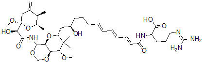 CAS 登录号：115204-07-4， 2-[[(2E,4E,6E,11R)-12-[(4aS,6R,8S,8aR)-4-[[(2S)-2-羟基-2-[(2R,5R,6R)-2-甲氧基-5,6-二甲基-4-亚甲基-四氢吡喃-2-基]乙酰]氨基]-8-甲氧基-7,7-二甲基-4a,6,8,8a-四氢-4H-吡喃并[5,6-d][1,3]二恶英-6-基]-11-羟基-十二碳-2,4,6-三烯酰基]氨基]-5-(二氨基亚甲基氨基)戊酸