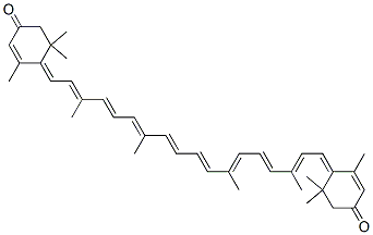 CAS 登录号：116-30-3， (4E)-3,5,5-三甲基-4-[(2E,4E,6E,8E,10E,12E,14E,16E,18E)-3,7,12,16-四甲基-18-(2,6,6-三甲基-4-氧代-1-环己-2-烯亚基)十八碳-2,4,6,8,10,12,14,16-八烯亚基]环己-2-烯-1-酮