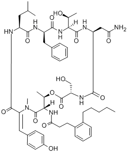 CAS 登录号:125787-94-2, N-(N(2)-(N-(N-(N-(2,3-二去氢-N-甲基-N-(N-(3-(2-戊基苯基)-丙酰基)-L-苏氨酰)酪氨酰-L-亮氨酰)-D-苯丙氨酰)-L-别-苏氨酰)-L-天冬氨酰胺酰))-L-丝氨酸-epsilon-内酯