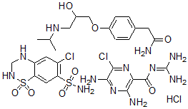 CAS 登录号:126294-31-3, 3,5-二氨基-N-(氨基亚胺甲基)-6-氯-吡嗪甲酰胺单盐酸盐与6-氯-3,4-二氢-2H-1,2,4-苯并噻二嗪-7-磺酰胺1,1-二氧化物和4-(2-羟基-3-((1-甲基乙基)氨基)丙氧基)苯乙酰胺的混合物