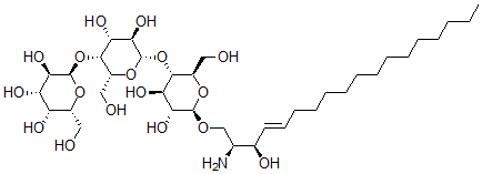 CAS 登录号：126550-86-5， (2R,3R,4S,5R,6R)-2-[(2R,3R,4R,5R,6S)-6-[(2R,3S,4R,5R,6R)-6-[(E,2S,3R)-2-氨基-3-羟基十八碳-4-烯氧基]-4,5-二羟基-2-(羟基甲基)四氢吡喃-3-基]氧基-4,5-二羟基-2-(羟基甲基)四氢吡喃-3-基]氧基-6-(羟基甲基)四氢吡喃-3,4,5-三醇