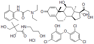CAS 登录号：130377-60-5， (11beta)-11,17,21-三羟基-孕甾-1,4-二烯-3,20-二酮与 5-氯-2-(2,4-二氯苯氧基)苯酚, 2-(二乙基氨基)-N-(2,6-二甲基苯基)乙酰胺单盐酸盐和 (R)-2,4-二羟基-N-(3-羟基丙基)-3,3-二甲基丁酰胺的混合物