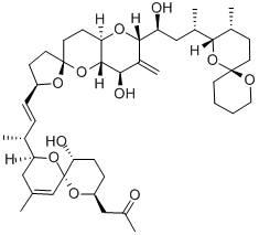 CAS 登录号：131204-29-0， 1-[(2S,6R,8S,11R)-2-[(E,2R)-4-[(2S,2'R,4R,4aS,6R,8aR)-4-羟基-2-[(1S,3S)-1-羟基-3-[(2S,3R,6S)-3-甲基-1,7-二氧杂螺[5.5]十一烷-2-基]丁基]-3-亚甲基-螺[4a,7,8,8a-四氢-4H-吡喃并[2,3-e]吡喃-6,5'-四氢呋喃]-2'-基]丁-3-烯-2-基]-11-羟基-4-甲基-1,7-二氧杂螺[5.5]十一碳-4-烯-8-基]丙-2-酮