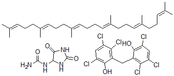 CAS 登录号:132316-37-1, (2,5-二氧代-4-咪唑烷基)脲与(all-E)-2,6,10,15,19,23-六甲基-2,6,10,14,18,22-二十四碳六烯和2,2'-亚甲基二(3,4,6-三氯苯酚)的混合物