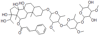 CAS 登录号：139953-36-9， 12-O-肉桂酰-二氢肉珊瑚苷元-3-O-3-O-甲基-6-脱氧-beta-D-别吡喃糖基(1-4)-O-beta-D-吡喃齐墩果糖基(1-4)-O-beta-D-吡喃青兰苷