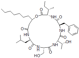 CAS 登录号：140909-80-4， (3S,6R,12S,15R)-3-[(2S)-丁烷-2-基]-19-庚基-9-(1-羟基乙基)-12-(羟基甲基)-15-(2-甲基丙基)-6-(苯基甲基)-1-氧杂-4,7,10,13,16-五氮杂环十九烷-2,5,8,11,14,17-六酮