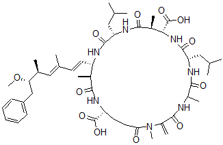 CAS 登录号：154037-67-9， (8S,11R,12S,15S,18S,19S,22R)-18-[(1E,3E,5S,6S)-6-甲氧基-3,5-二甲基-7-苯基庚-1,3-二烯基]-1,5,12,19-四甲基-2-亚甲基-8,15-二(2-甲基丙基)-3,6,9,13,16,20,25-七氧代-1,4,7,10,14,17,21-七氮杂环二十五烷-11,22-二甲酸