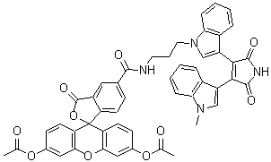 CAS 登录号：220518-50-3， 5-[(3-{3-[4-(1-甲基-1H-吲哚-3-基)-2,5-二氧代-2,5-二氢-1H-吡咯-3-基]-1H-吲哚-1-基}丙基)氨基甲酰]-3-氧代-3H-螺[2-苯并呋喃-1,9'-氧杂蒽]-3',6'-二基二乙酸酯