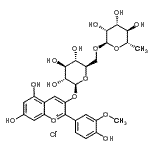 CAS 登录号：27539-32-8， (2R,3R,4R,5R,6S)-2-[[(2R,3S,4S,5R,6S)-6-[5,7-二羟基-2-(4-羟基-3-甲氧基-苯基)苯并吡喃基鎓-3-基]氧基-3,4,5-三羟基-四氢吡喃-2-基]甲氧基]-6-甲基-四氢吡喃-3,4,5-三醇氯化物