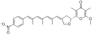 CAS 登录号：28900-27-8， (+)-2-甲氧基-3,5-二甲基-6-[4-[7-(4-硝基苯基)-2,4,6-三甲基-2,4,6-庚三烯亚基]四氢呋喃-2-基]-4H-吡喃-4-酮