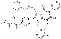 CAS 登录号：388563-81-3， 1-[4-[1-[(2,6-二氟苯基)甲基]-5-[(甲基-(苯基甲基)氨基)甲基]-2,4-二氧代-3-苯基噻吩并[4,5-e]嘧啶-6-基]苯基]-3-甲氧基脲