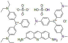 CAS 登录号:39389-84-9, N-(4-((4-(二乙基氨基)苯基)苯基亚甲基)-2,5-环己二烯-1-亚基)-N-乙基乙铵,硫酸盐(1:1)混合物与3,6-吖啶二胺硫酸盐(1:1)和N-(4-(二(4-二甲基氨基)苯基)亚甲基)-2,5-环己二烯-1-亚基)-N-甲基甲铵氯化物