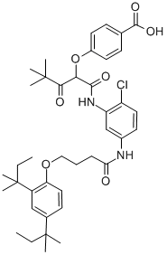 CAS 登录号:53918-53-9, 4-(1-(((5-((4-(2,4-二(叔戊基)苯氧基)-1-氧代丁基)氨基)-2-氯苯基)氨基)羰基)-3,3-二甲基-2-氧代丁氧基)苯甲酸