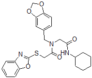 CAS 登录号：606098-43-5， N-(1,3-苯并二氧戊环-5-基甲基)-2-(2-苯并恶唑基硫基)-N-[2-(环己基氨基)-2-氧代乙基]-乙酰胺