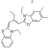 CAS 登录号:63870-45-1, 5,6-二甲基-2-(2-(3-乙基-2-(3)-苯并噻唑亚基)甲基)-1-丁烯基)-3-乙基-苯并恶唑鎓碘化物