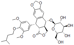 CAS 登录号：73839-74-4， (5R,5aR,8aR,9R)-5-(4-异戊氧基-3,5-二甲氧基-苯基)-9-[(2R,3R,4S,5S,6R)-3,4,5-三羟基-6-(羟基甲基)四氢吡喃-2-基]氧基-5a,8,8a,9-四氢-5H-异苯并呋喃并[5,6-f][1,3]苯并二氧戊环-6-酮