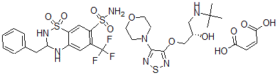 CAS 登录号:74335-22-1, 3,4-二氢-3-(苯基甲基)-6-(三氟甲基)-2H-1,2,4-苯并噻二嗪-7-磺酰胺1,1-二氧化物与(S)-1-((1,1-二甲基乙基)氨基)-3-((4-(4-吗啉基)-1,2,5-噻二唑-3-基)氧基)-2-丙醇(Z)-2-丁烯二酸酯的混合物
