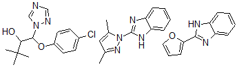 CAS 登录号:74725-94-3, beta-(4-氯苯氧基)-alpha-(1,1-二甲基乙基)-1H-1,2,4-三唑-1-乙醇与 2-(3,5-二甲基-1H-吡唑-1-基)-1H-苯并咪唑和 2-(2-呋喃基)-1H-苯并咪唑的混合物