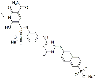 CAS 登录号：75268-66-5， 6-[[4-[[3-[(2E)-2-(5-氨基甲酰-1-乙基-4-甲基-2,6-二氧代吡啶-3-亚基)肼基]-4-磺酸苯基]氨基]-6-氟-1,3,5-三嗪-2-基]氨基]萘-2-磺酸二钠