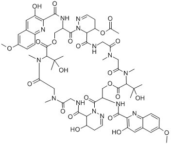 CAS#: 76149-24-1, (7S,16S,17S,27S,36S,37S,3R,23R)-1,8,11,14,20,21,28,31,34,40-Decaaza-3,23-Bis[(3-Hydroxy-6-Methoxy(2-Quinolyl))Carbonylamino]-7,27-Bis(1-Hydroxy-Isopropyl)-37-Hydroxy-8,11,28,31-Tetramethyl-5,25-Dioxa-2,6,9,12,15,22,26,29,32,35-Decaoxotricyclo[34.4.0.0<16,21>]Tetraconta-19,39-Dien-17-Yl Acetate