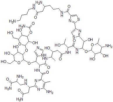 CAS 登录号：77368-68-4， [2-[2-[3-[[5-[[1-[[2-[4-[4-[[4-氨基-6-(4-氨基丁基氨基)-6-氧代己基]氨基甲酰]-1,3-噻唑-2-基]-1,3-噻唑-2-基]-1-(5-氨基-3,4-二羟基-6-甲基四氢吡喃-2-基)氧基-2-羟基乙基]氨基]-3-羟基-1-氧代丁烷-2-基]氨基]-3-羟基-5-氧代戊烷-2-基]氨基]-2-[[6-氨基-2-[3-氨基-1-[(2,3-二氨基-3-氧代丙基)氨基]-3-氧代丙基]-5-甲基嘧啶-4-羰基]氨基]-1-(3H-咪唑-4-基)-3-氧代丙氧基]-4,5-二羟基-6-(羟基甲基)四氢吡喃-3-基]氧基-3,5-二羟基-6-(羟基甲基)四氢吡喃-4-基]氨基甲酸酯