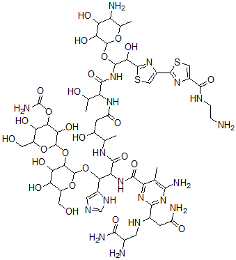 CAS 登录号：77368-72-0， [2-[2-[2-[[6-氨基-2-[3-氨基-1-[(2,3-二氨基-3-氧代丙基)氨基]-3-氧代丙基]-5-甲基嘧啶-4-羰基]氨基]-3-[[5-[[1-[[1-(5-氨基-3,4-二羟基-6-甲基四氢吡喃-2-基)氧基-2-[4-[4-(2-氨基乙基氨基甲酰)-1,3-噻唑-2-基]-1,3-噻唑-2-基]-2-羟基乙基]氨基]-3-羟基-1-氧代丁烷-2-基]氨基]-3-羟基-5-氧代戊烷-2-基]氨基]-1-(3H-咪唑-4-基)-3-氧代丙氧基]-4,5-二羟基-6-(羟基甲基)四氢吡喃-3-基]氧基-3,5-二羟基-6-(羟基甲基)四氢吡喃-4-基]氨基甲酸酯
