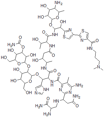 CAS 登录号：77368-74-2， [2-[2-[2-[[6-氨基-2-[3-氨基-1-[(2,3-二氨基-3-氧代丙基)氨基]-3-氧代丙基]-5-甲基嘧啶-4-羰基]氨基]-3-[[5-[[1-[[1-(5-氨基-3,4-二羟基-6-甲基四氢吡喃-2-基)氧基-2-[4-[4-(3-二甲基氨基丙基氨基甲酰)-1,3-噻唑-2-基]-1,3-噻唑-2-基]-2-羟基乙基]氨基]-3-羟基-1-氧代丁烷-2-基]氨基]-3-羟基-5-氧代戊烷-2-基]氨基]-1-(3H-咪唑-4-基)-3-氧代丙氧基]-4,5-二羟基-6-(羟基甲基)四氢吡喃-3-基]氧基-3,5-二羟基-6-(羟基甲基)四氢吡喃-4-基]氨基甲酸酯