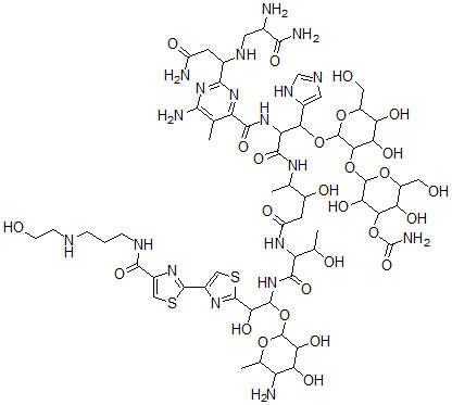 CAS 登录号：77368-75-3， [2-[2-[2-[[6-氨基-2-[3-氨基-1-[(2,3-二氨基-3-氧代丙基)氨基]-3-氧代丙基]-5-甲基嘧啶-4-羰基]氨基]-3-[[5-[[1-[[1-(5-氨基-3,4-二羟基-6-甲基四氢吡喃-2-基)氧基-2-羟基-2-[4-[4-[3-(2-羟基乙基氨基)丙基氨基甲酰]-1,3-噻唑-2-基]-1,3-噻唑-2-基]乙基]氨基]-3-羟基-1-氧代丁烷-2-基]氨基]-3-羟基-5-氧代戊烷-2-基]氨基]-1-(3H-咪唑-4-基)-3-氧代丙氧基]-4,5-二羟基-6-(羟基甲基)四氢吡喃-3-基]氧基-3,5-二羟基-6-(羟基甲基)四氢吡喃-4-基]氨基甲酸酯