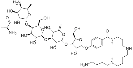 CAS 登录号：78213-56-6， 4-[4-[4-[5-[5-氨基-3-(2-氨基丙酰氨基)-4-羟基-6-甲基四氢吡喃-2-基]氧基-3,4-二羟基-6-(羟基甲基)四氢吡喃-2-基]氧基-3,5-二羟基-6-亚甲基四氢吡喃-2-基]氧基-3-羟基-5-(羟基甲基)四氢呋喃-2-基]氧基-N-[3-[4-(4-氨基丁基氨基)丁基氨基]丙基]苯甲酰胺