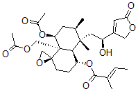 CAS 登录号:78798-40-0, (2E)-2-甲基-2-丁烯酸 (1R,4R,4aR,5S,6R,8S,8aR)-8-(乙酰氧基)-8a-((乙酰氧基)甲基)-5-((2S)-2-(2,5-二氢-5-氧代-3-呋喃基)-2-羟基乙基)八氢-5,6-二甲基螺(萘-1(2H),2'-环氧乙烷)-4-基酯