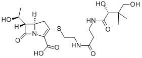 CAS 登录号:82475-10-3, (5R-(3(R*),5-alpha,6-alpha(S*)))-3-((2-((3-((2,4-二羟基-3,3-二甲基-1-氧代丁基)氨基)-1-氧代丙基)氨基)乙基)硫代)-6-(1-羟基乙基)-7-氧代-1-氮杂双环(3.2.0)庚-2-烯-2-羧酸