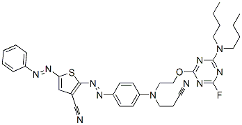 CAS 登录号：94160-38-0， 2-[[4-[(2-氰基乙基)[2-[[4-(二丁基氨基)-6-氟-1,3,5-三嗪-2-基]氧基]乙基]氨基]苯基]偶氮]-5-(苯基偶氮)噻吩-3-甲腈