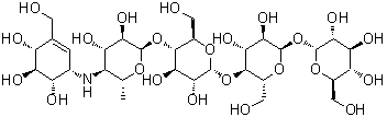 alpha-D-吡喃葡萄糖基 O-4,6-二脱氧-4-[[(1S,4R,5S,6S)-4,5,6-三羟基-3-(羟基甲基)-2-环己烯-1-基]氨基]-alpha-D-吡喃葡萄糖基-(1→4)-O-alpha-D-吡喃葡萄糖基-(1→4)-alpha-D-吡喃葡萄糖苷分子结构 (CAS 1013621-73-2)