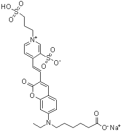 4-[2-[7-[(5-羧基戊基)乙基氨基]-2-氧代-2H-1-苯并吡喃-3-基]乙烯基]-3-磺基-1-(3-磺基丙基)吡啶鎓内盐钠盐分子结构 (CAS 1071838-34-0)