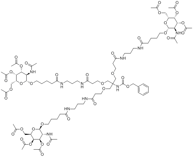 苄基{1,31-双[(2-乙酰氨基-3,4,6-三-O-乙酰基-2-脱氧-β-D-吡喃半乳糖基)氧基]-16-[(3-{[3-({5-[(2-乙酰氨基-3,4,6-三-O-乙酰基-2-脱氧-β-D-吡喃半乳糖基)氧基]戊酰}氨基)丙基]氨基}-3-氧代丙氧基)甲基]-5,11,21,27-四氧代-14,18-二氧杂-6,10,22,26-四氮杂三十一烷-16-基}氨基甲酸酯分子结构 (CAS 1159408-63-5)