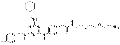 N-[2-[2-(2-氨基乙氧基)乙氧基]乙基]-4-[[4-[(环己基甲基)氨基]-6-[[(4-氟苯基)甲基]氨基]-1,3,5-三嗪-2-基]氨基]苯乙酰胺分子结构 (CAS 1177827-73-4)