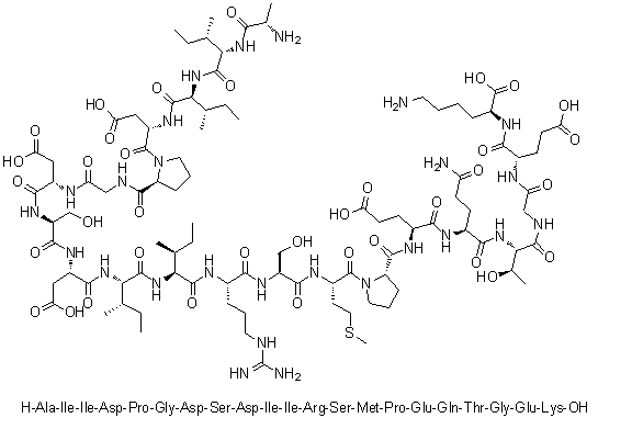 L-丙氨酰-L-异亮氨酰-L-异亮氨酰-L-alpha-天冬氨酰-L-脯氨酰甘氨酰-L-alpha-天冬氨酰-L-丝氨酰-L-alpha-天冬氨酰-L-异亮氨酰-L-异亮氨酰-L-精氨酰-L-丝氨酰-L-蛋氨酰-L-脯氨酰-L-alpha-谷氨酰-L-谷氨酰胺酰-L-苏氨酰甘氨酰-L-alpha-谷氨酰-L-赖氨酸分子结构 (CAS 1188513-43-0)