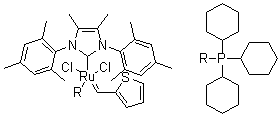三环己基膦[4,5-二甲基-1,3-双(2,4,6-三甲基苯基)咪唑-2-亚基][2-噻吩基亚甲基]二氯化钌分子结构 (CAS 1190427-50-9)