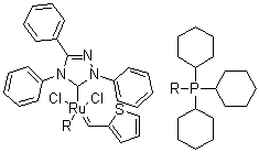 Tricyclohexylphosphine[2,4-dihydro-2,4,5-triphenyl-3H-1,2,4-triazol-3-ylidene][2-thienylmethylene]ruthenium(II) dichloride molecular structure (CAS 1190427-51-0)