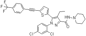 1-(2,4-Dichlorophenyl)-4-ethyl-N-1-piperidinyl-5-[5-[2-[4-(trifluoromethyl)phenyl]ethynyl]-2-thienyl]-1H-pyrazole-3-carboxamide molecular structure (CAS 1253641-65-4)