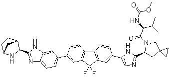 N-[(1S)-1-[[(6S)-6-[5-[7-[2-(1R,3S,4S)-2-氮杂双环[2.2.1]庚烷-3-基-1H-苯并咪唑-6-基]-9,9-二氟-9H-芴-2-基]-1H-咪唑-2-基]-5-氮杂螺[2.4]庚烷-5-基]羰基]-2-甲基丙基]氨基甲酸甲酯分子结构 (CAS 1256388-76-7)