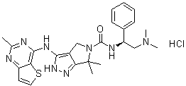 N-[(1S)-2-(二甲基氨基)-1-苯基乙基]-2,6-二氢-6,6-二甲基-3-[(2-甲基噻吩并[3,2-d]嘧啶-4-基)氨基]-吡咯并[3,4-c]吡唑-5(4H)-甲酰胺盐酸盐分子结构 (CAS 1279034-84-2)