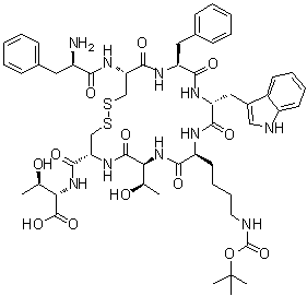 D-苯丙氨酰-L-半胱氨酰-L-苯丙氨酰-D-色氨酰-N6-[(1,1-二甲基乙氧基)羰基]-L-赖氨酰-L-苏氨酰-L-半胱氨酰-L-苏氨酸环(2→7)-二硫醚分子结构 (CAS 133304-78-6)