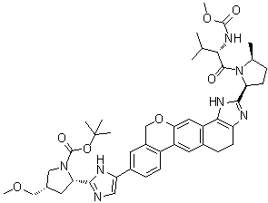 tert-Butyl (2S,4S)-2-[5-[2-[(2S,5S)-1-[N-(methoxycarbonyl)-L-valyl]-5-methylpyrrolidin-2-yl]-1,4,5,11-tetrahydroisochromeno[4',3':6,7]naphtho[1,2-d]imidazol-9-yl]-1H-imidazol-2-yl]-4-(methoxymethyl)pyrrolidine-1-carboxylate molecular structure (CAS 1378391-44-6)