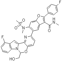 5-[11-氟-6-(羟基甲基)-6H-吡啶并[2',3':5,6][1,3]恶嗪并[3,4-a]吲哚-2-基]-2-(4-氟苯基)-N-甲基-6-[甲基(甲基磺酰基)氨基]-3-苯并呋喃甲酰胺分子结构 (CAS 1427035-62-8)