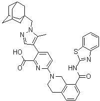 6-[8-[(2-苯并噻唑基氨基)羰基]-3,4-二氢-2(1H)-异喹啉基]-3-[5-甲基-1-金刚烷-1-基甲基)-1H-吡唑-4-基]-2-吡啶羧酸分子结构 (CAS 1430844-80-6)