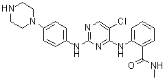 CAS # 1439934-41-4, 2-[[5-Chloro-2-[[4-(1-piperazinyl)phenyl]amino]-4-pyrimidinyl]amino]-N-methylbenzamide, CTx 0294885