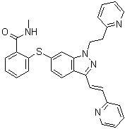 N-Methyl-2-[[3-[(1E)-2-(2-pyridinyl)ethenyl]-1-[2-(2-pyridinyl)ethyl]-1H-indazol-6-yl]thio]benzamide molecular structure (CAS 1443118-72-6)