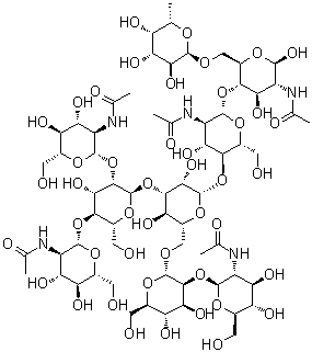 O-2-(Acetylamino)-2-deoxy-beta-D-glucopyranosyl-(1→2)-O-alpha-D-mannopyranosyl-(1→6)-O-[2-(acetylamino)-2-deoxy-beta-D-glucopyranosyl-(1→2)-O-[2-(acetylamino)-2-deoxy-beta-D-glucopyranosyl-(1→4)]-O-alpha-D-mannopyranosyl-(1→3)]-O-beta-D-mannopyranosyl-(1→4)-O-2-(acetylamino)-2-deoxy-beta-D-glucopyranosyl-(1→4)-O-[6-deoxy-alpha-L-galactopyranosyl-(1→6)]-2-(acetylamino)-2-deoxy-beta-D-glucopyranose molecular structure (CAS 1513691-26-3)
